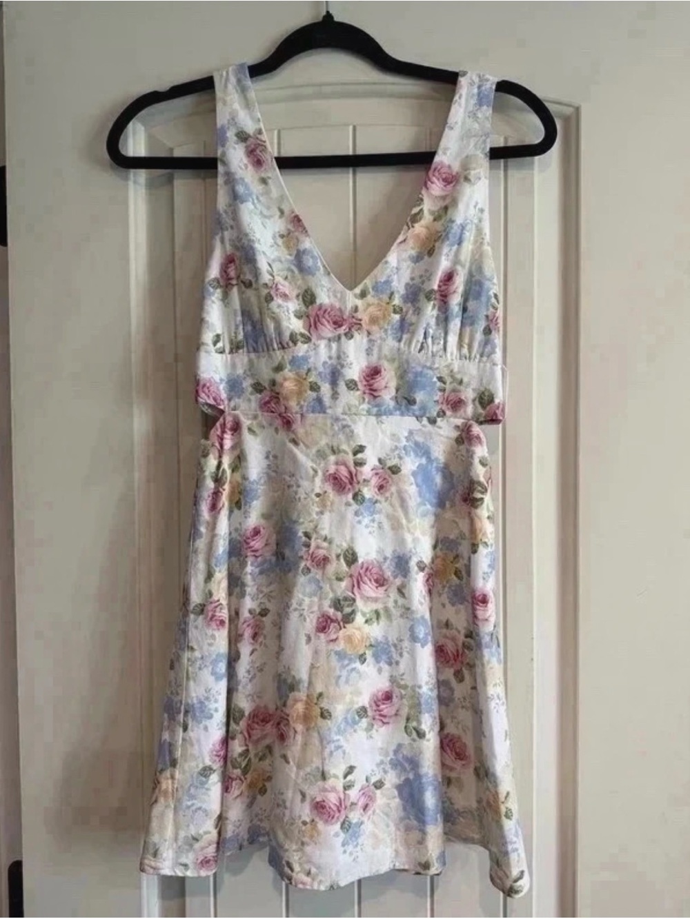 Altar'd State White Floral V-Neck Mini Dress with Pink, Blue & Yellow Roses